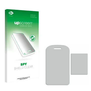 Vorderseite einer Produktverpackung mit dem Markenlogo upscreen. Daneben ist der zugehörige Displayschutz.