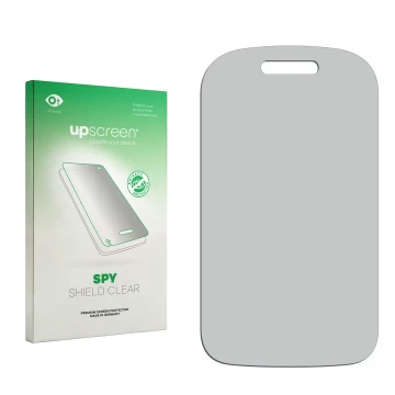 Vorderseite einer Produktverpackung mit dem Markenlogo upscreen. Daneben ist der zugehörige Displayschutz.
