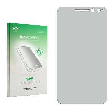 Vorderseite einer Produktverpackung mit dem Markenlogo upscreen. Daneben ist der zugehörige Displayschutz.