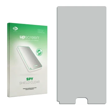 Vorderseite einer Produktverpackung mit dem Markenlogo upscreen. Daneben ist der zugehörige Displayschutz.