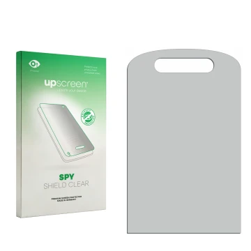 Vorderseite einer Produktverpackung mit dem Markenlogo upscreen. Daneben ist der zugehörige Displayschutz.