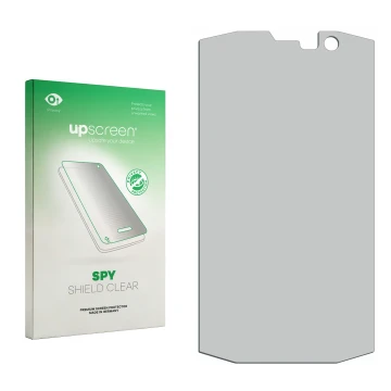 Vorderseite einer Produktverpackung mit dem Markenlogo upscreen. Daneben ist der zugehörige Displayschutz.