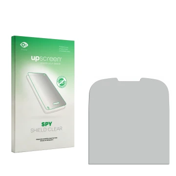 Vorderseite einer Produktverpackung mit dem Markenlogo upscreen. Daneben ist der zugehörige Displayschutz.