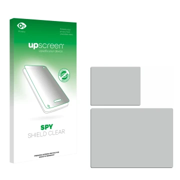 Vorderseite einer Produktverpackung mit dem Markenlogo upscreen. Daneben ist der zugehörige Displayschutz.