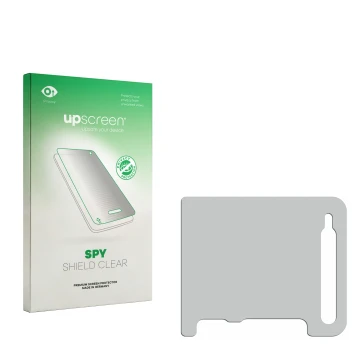 Vorderseite einer Produktverpackung mit dem Markenlogo upscreen. Daneben ist der zugehörige Displayschutz.