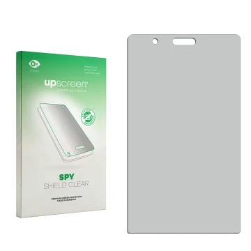 Vorderseite einer Produktverpackung mit dem Markenlogo upscreen. Daneben ist der zugehörige Displayschutz.