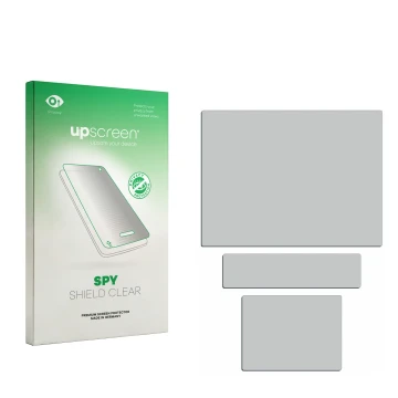 Vorderseite einer Produktverpackung mit dem Markenlogo upscreen. Daneben ist der zugehörige Displayschutz.