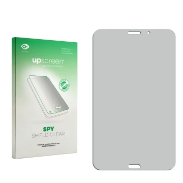 Vorderseite einer Produktverpackung mit dem Markenlogo upscreen. Daneben ist der zugehörige Displayschutz.