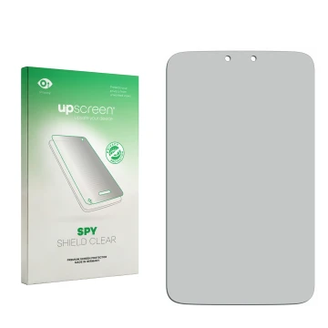 Vorderseite einer Produktverpackung mit dem Markenlogo upscreen. Daneben ist der zugehörige Displayschutz.