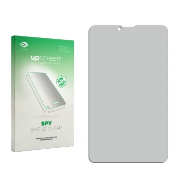Vorderseite einer Produktverpackung mit dem Markenlogo upscreen. Daneben ist der zugehörige Displayschutz.
