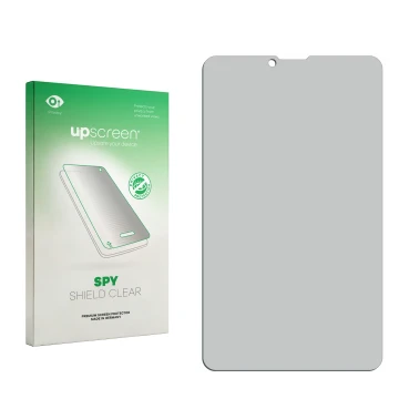 Vorderseite einer Produktverpackung mit dem Markenlogo upscreen. Daneben ist der zugehörige Displayschutz.