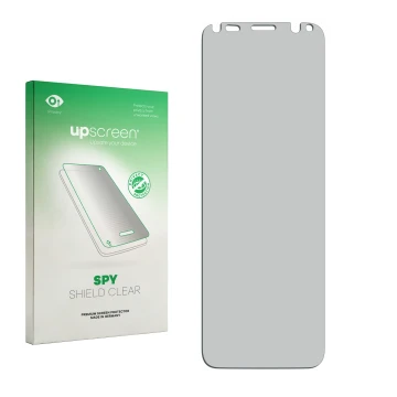 Vorderseite einer Produktverpackung mit dem Markenlogo upscreen. Daneben ist der zugehörige Displayschutz.