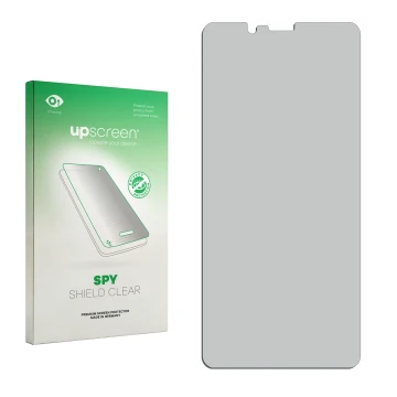 Vorderseite einer Produktverpackung mit dem Markenlogo upscreen. Daneben ist der zugehörige Displayschutz.