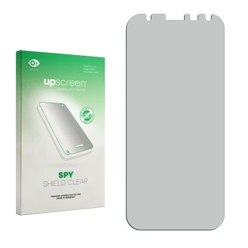 Vorderseite einer Produktverpackung mit dem Markenlogo upscreen. Daneben ist der zugehörige Displayschutz.