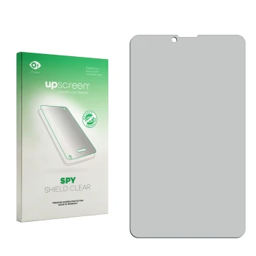 Vorderseite einer Produktverpackung mit dem Markenlogo upscreen. Daneben ist der zugehörige Displayschutz.