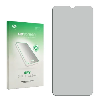 Vorderseite einer Produktverpackung mit dem Markenlogo upscreen. Daneben ist der zugehörige Displayschutz.
