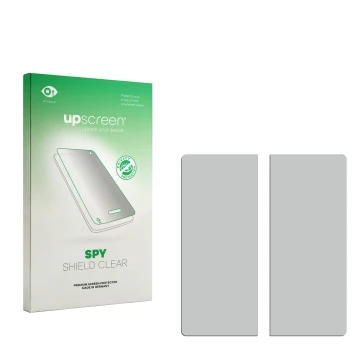 Vorderseite einer Produktverpackung mit dem Markenlogo upscreen. Daneben ist der zugehörige Displayschutz.