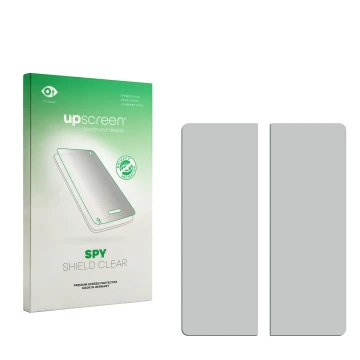 Vorderseite einer Produktverpackung mit dem Markenlogo upscreen. Daneben ist der zugehörige Displayschutz.