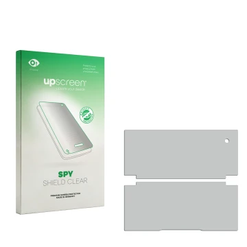 Vorderseite einer Produktverpackung mit dem Markenlogo upscreen. Daneben ist der zugehörige Displayschutz.
