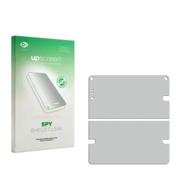 Vorderseite einer Produktverpackung mit dem Markenlogo upscreen. Daneben ist der zugehörige Displayschutz.