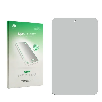 Vorderseite einer Produktverpackung mit dem Markenlogo upscreen. Daneben ist der zugehörige Displayschutz.