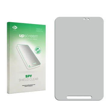 Vorderseite einer Produktverpackung mit dem Markenlogo upscreen. Daneben ist der zugehörige Displayschutz.