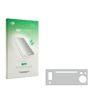 Vorderseite einer Produktverpackung mit dem Markenlogo upscreen. Daneben ist der zugehörige Displayschutz.