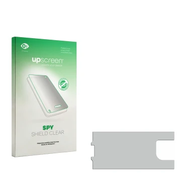 Vorderseite einer Produktverpackung mit dem Markenlogo upscreen. Daneben ist der zugehörige Displayschutz.