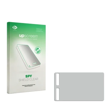 Vorderseite einer Produktverpackung mit dem Markenlogo upscreen. Daneben ist der zugehörige Displayschutz.