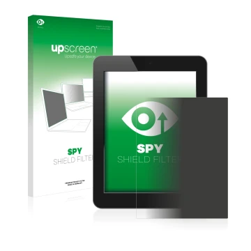 Vorderseite einer Produktverpackung mit dem Markenlogo upscreen. Daneben ist das Gerät mit dem zugehörigen Displayschutz abgeb