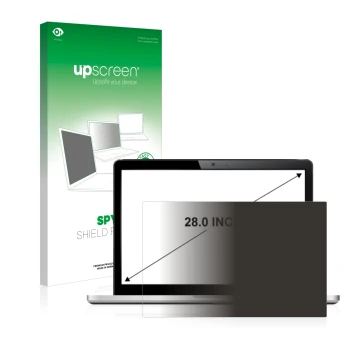 Vorderseite einer Produktverpackung mit dem Markenlogo upscreen. Daneben ist das Gerät mit dem zugehörigen Displayschutz abgeb
