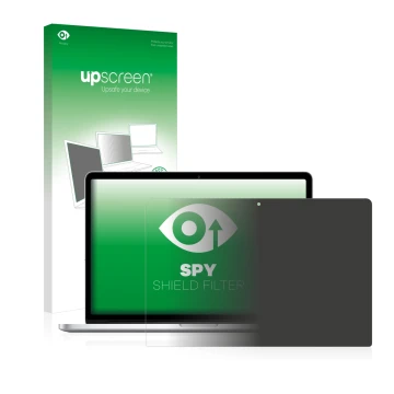 Vorderseite einer Produktverpackung mit dem Markenlogo upscreen. Daneben ist das Gerät Apple MacBook Pro Retina 15