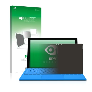 Vorderseite einer Produktverpackung mit dem Markenlogo upscreen. Daneben ist das Gerät Microsoft Surface Pro 4 mit dem zugehör