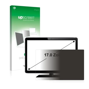 Vorderseite einer Produktverpackung mit dem Markenlogo upscreen. Daneben ist das Gerät mit dem zugehörigen Displayschutz abgeb