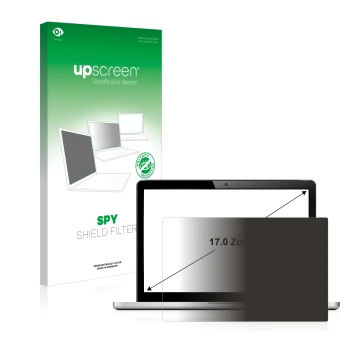Vorderseite einer Produktverpackung mit dem Markenlogo upscreen. Daneben ist das Gerät mit dem zugehörigen Displayschutz abgeb