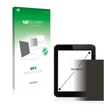 Vorderseite einer Produktverpackung mit dem Markenlogo upscreen. Daneben ist das Gerät mit dem zugehörigen Displayschutz abgeb