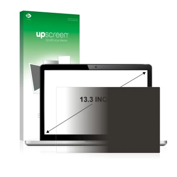 Vorderseite einer Produktverpackung mit dem Markenlogo upscreen. Daneben ist das Gerät mit dem zugehörigen Displayschutz abgeb
