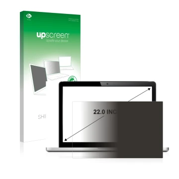 Vorderseite einer Produktverpackung mit dem Markenlogo upscreen. Daneben ist das Gerät mit dem zugehörigen Displayschutz abgeb