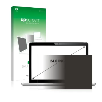 Vorderseite einer Produktverpackung mit dem Markenlogo upscreen. Daneben ist das Gerät mit dem zugehörigen Displayschutz abgeb
