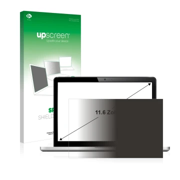 Vorderseite einer Produktverpackung mit dem Markenlogo upscreen. Daneben ist das Gerät mit dem zugehörigen Displayschutz abgeb