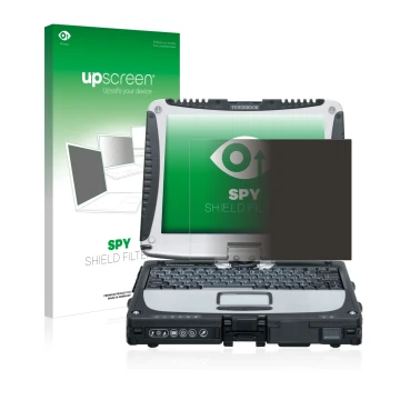 Vorderseite einer Produktverpackung mit dem Markenlogo upscreen. Daneben ist das Gerät Panasonic Toughbook CF-19 mit dem zugeh