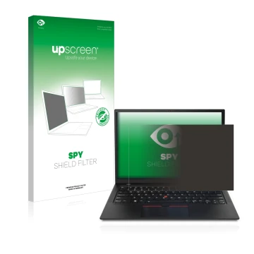 Vorderseite einer Produktverpackung mit dem Markenlogo upscreen. Daneben ist das Gerät Lenovo ThinkPad X1 mit dem zugehörigen 
