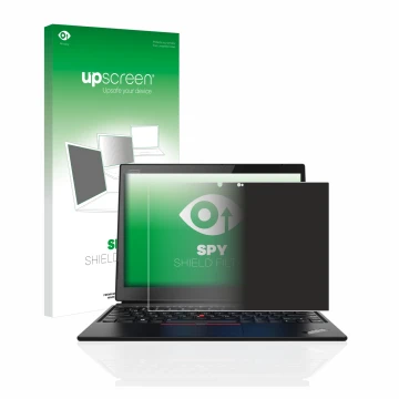 Vorderseite einer Produktverpackung mit dem Markenlogo upscreen. Daneben ist das Gerät Lenovo ThinkPad X1 Yoga (1. Gen.) mit d
