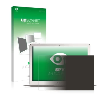 Vorderseite einer Produktverpackung mit dem Markenlogo upscreen. Daneben ist das Gerät Apple MacBook Air 13