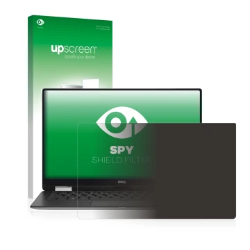 Vorderseite einer Produktverpackung mit dem Markenlogo upscreen. Daneben ist das Gerät Dell XPS 13 9365 2-in-1 mit dem zugehör