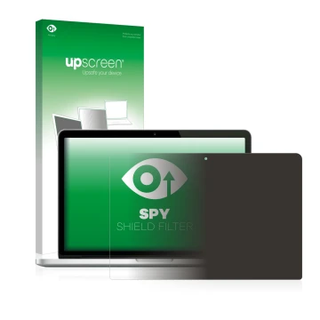 Vorderseite einer Produktverpackung mit dem Markenlogo upscreen. Daneben ist das Gerät Apple MacBook Pro Retina 13