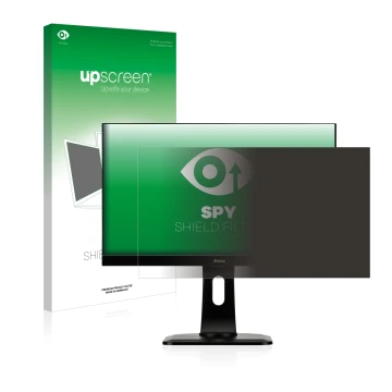 Vorderseite einer Produktverpackung mit dem Markenlogo upscreen. Daneben ist das Gerät Iiyama XUB2492HSU-B1 mit dem zugehörige