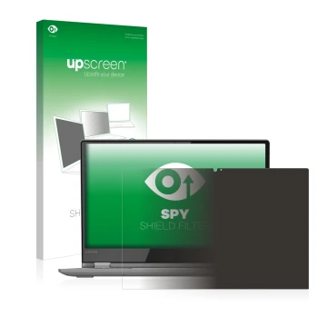 Vorderseite einer Produktverpackung mit dem Markenlogo upscreen. Daneben ist das Gerät Lenovo Yoga 530 mit dem zugehörigen Dis