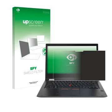 Vorderseite einer Produktverpackung mit dem Markenlogo upscreen. Daneben ist das Gerät Lenovo ThinkPad Yoga X380 mit dem zugeh