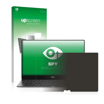 Vorderseite einer Produktverpackung mit dem Markenlogo upscreen. Daneben ist das Gerät Dell XPS 13 9370 mit dem zugehörigen Di
